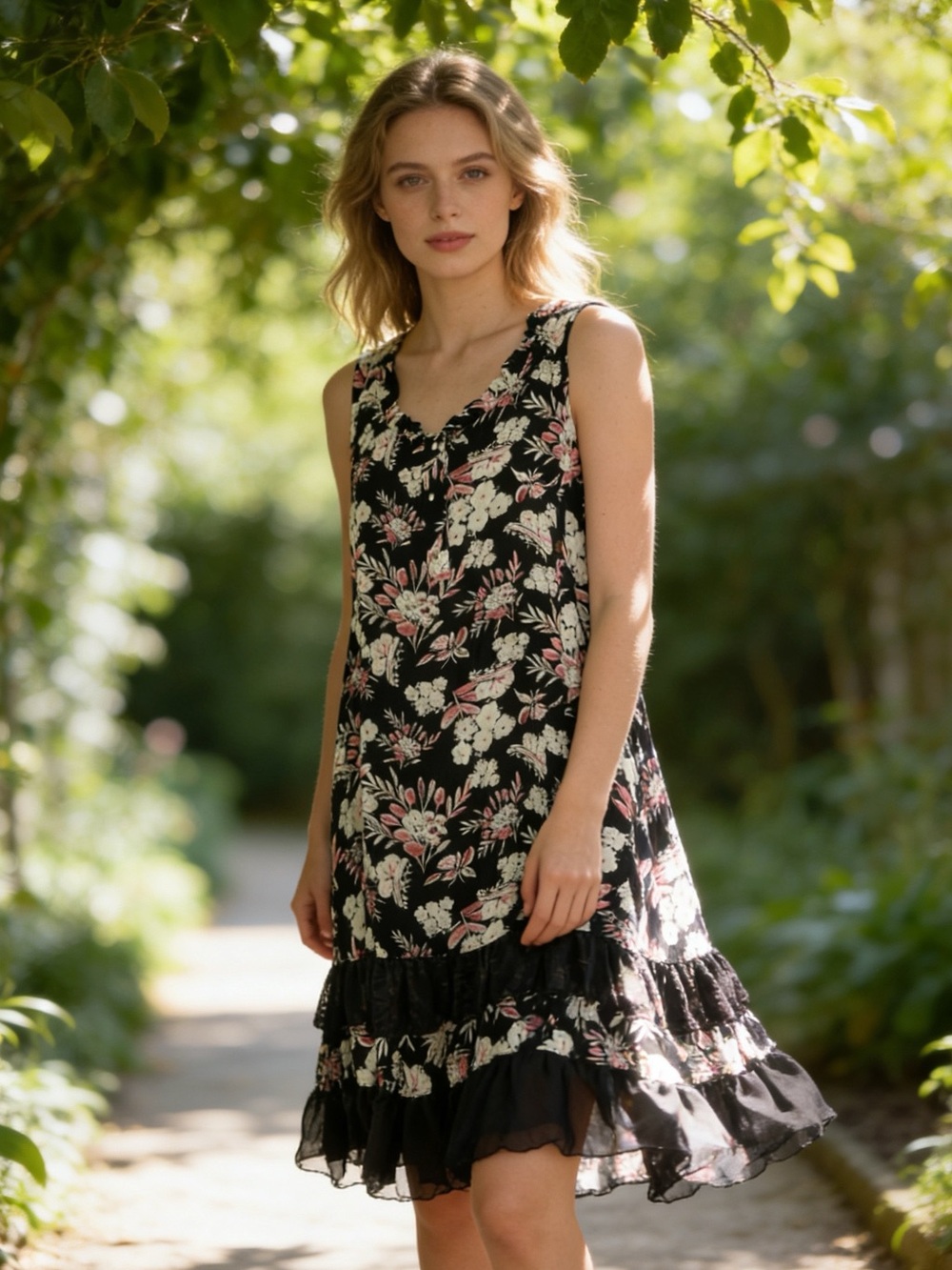 Apparel Love Black Floral Ruffle Hem Sleeveless Dress Size S